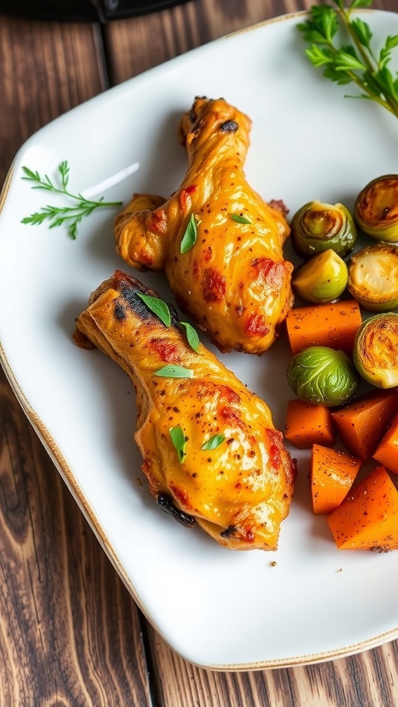 A delicious meal of chicken wings, Brussels sprouts, and sweet potatoes from the Philips Air Fryer 9270, garnished with herbs.